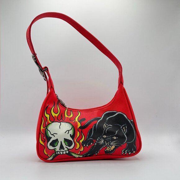 Ed Hardy Handbags - Ed Hardy Red Shoulder Bag with Skull and Panther Design(Model EHSB-5 Bla…